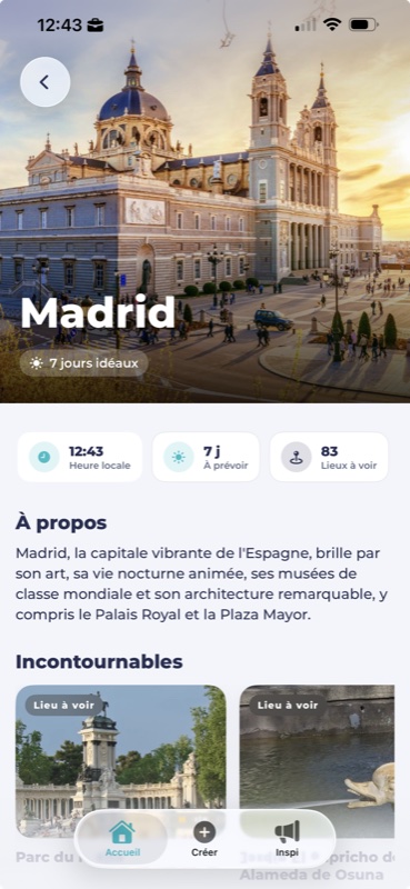 Écran Découvrez de TomExplore : présentation de Madrid avec météo, lieux incontournables et informations pratiques