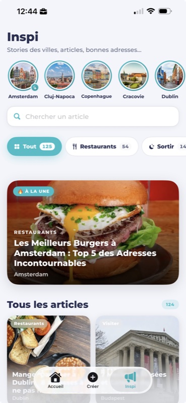 Écran Inspi de TomExplore : magazine éditorial avec stories de villes et articles de bonnes adresses